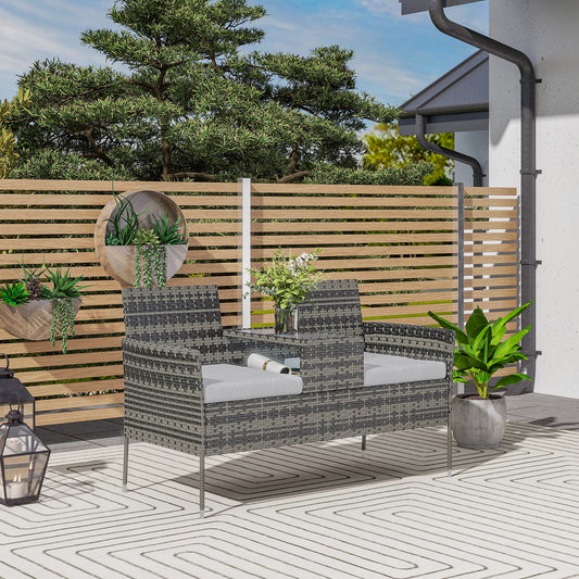 Rattan Garden Bench w/ Glass Tea Table, Cushions, Charcoal Grey
