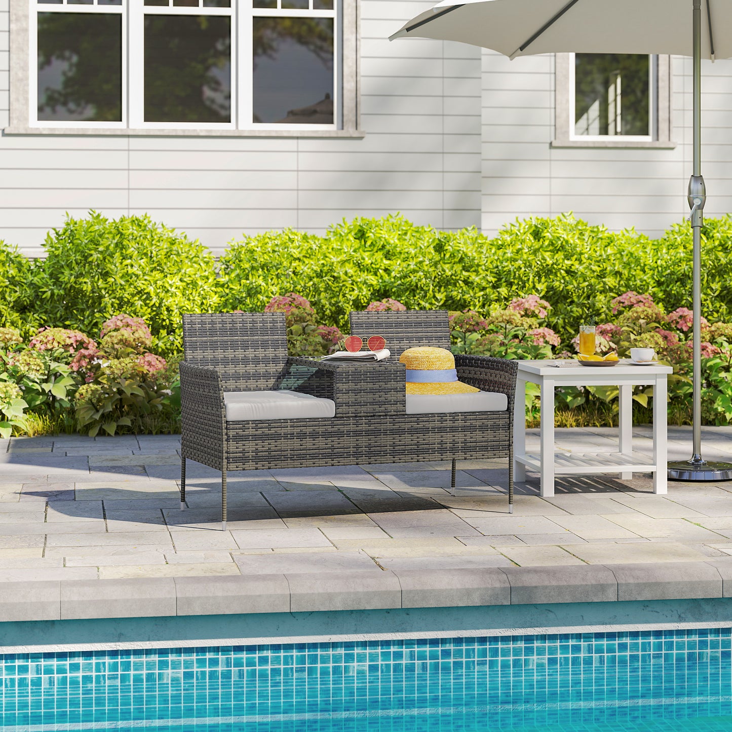 Rattan Garden Bench w/ Glass Tea Table, Cushions, Charcoal Grey