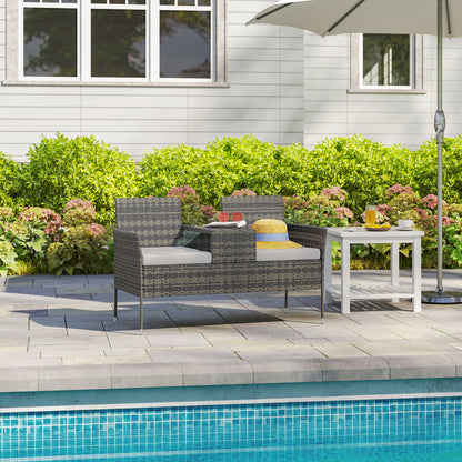 Rattan Garden Bench w/ Glass Tea Table, Cushions, Charcoal Grey