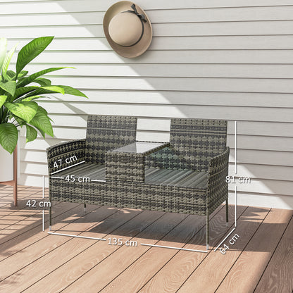 Rattan Garden Bench w/ Glass Tea Table, Cushions, Charcoal Grey