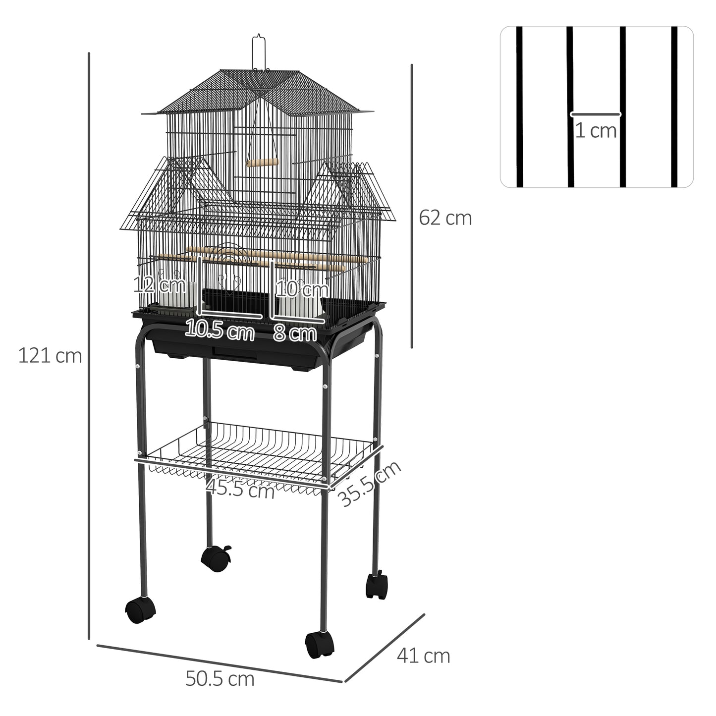 Metal Bird Cage with Plastic Swing Perch Food Container Tray Handle for Finch Canary Budgie 50.5 x 40 x 63cm Black