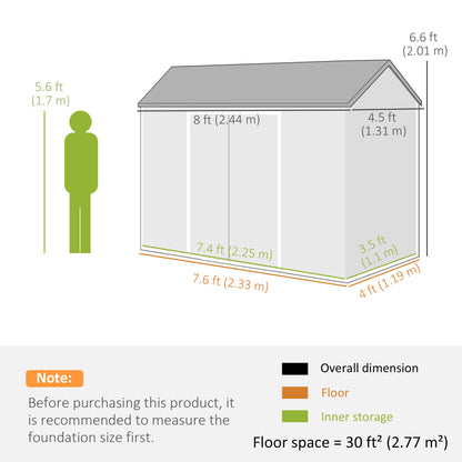 8 x 4 ft Resin Garden Shed with Floor, Lockable Doors, Dark Grey