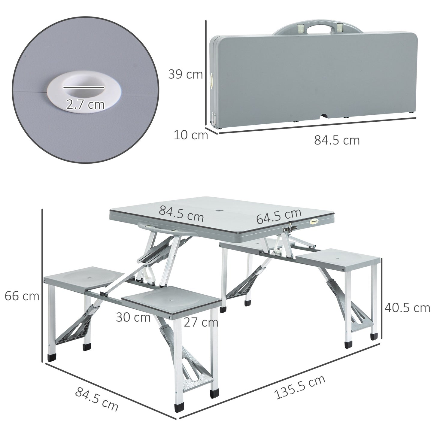 Picnic Table Chair Set 4 Seat Aluminium PP W/ 2.7cm Umbrella Hole