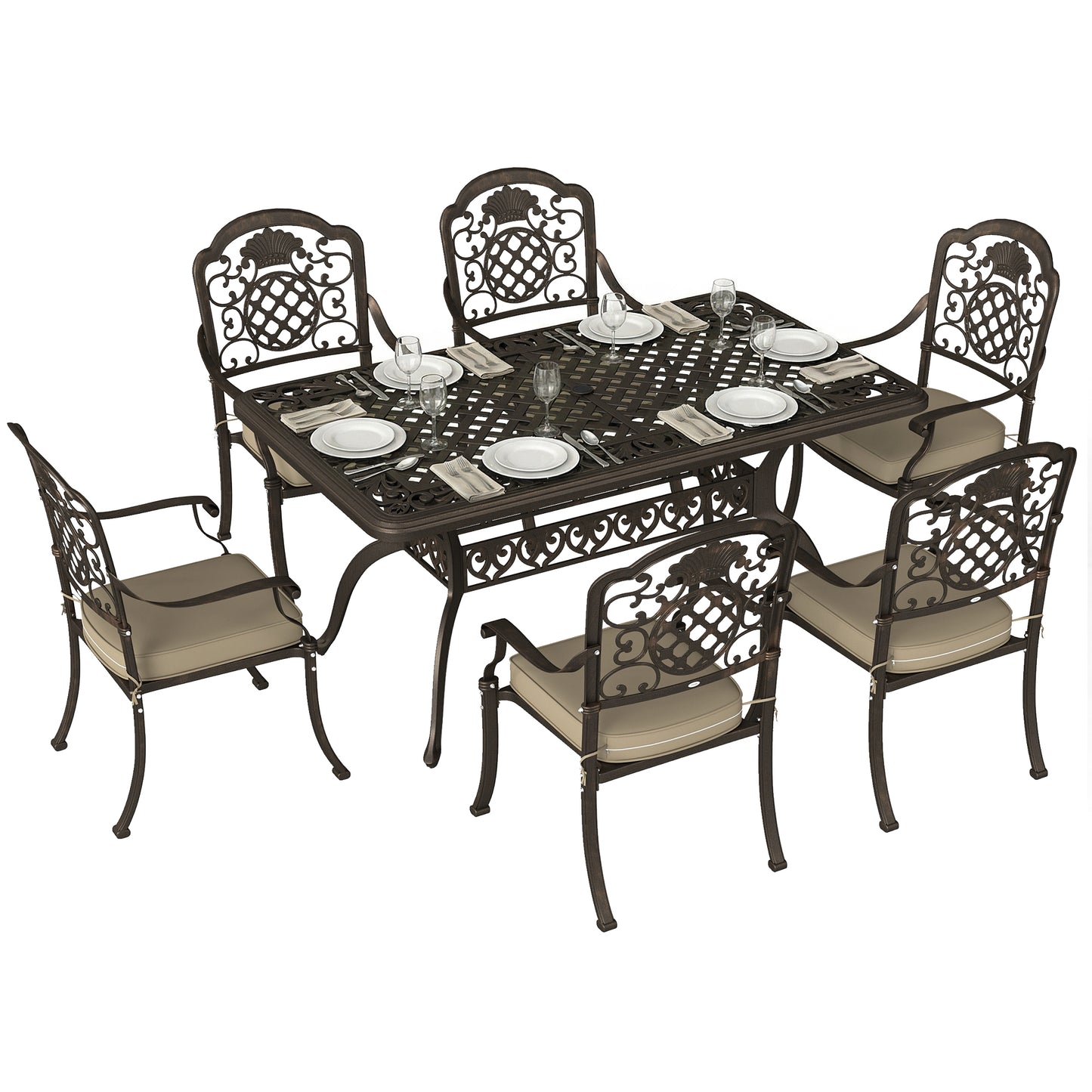 Outdoor Dining Set with Cushions, Parasol Hole, Bronze Tone