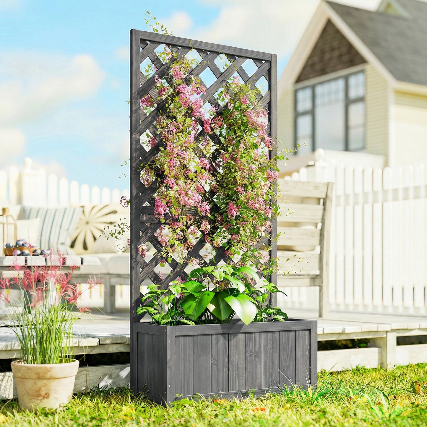 Wood Planter with Trellis for Climbing Plants, Grey