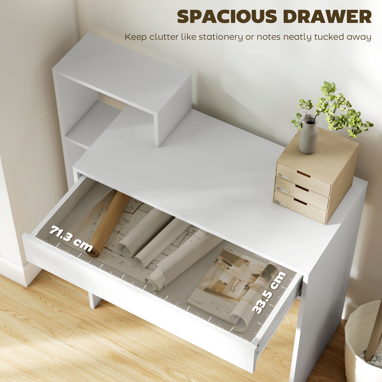 Computer Desk with 3 Open Shelves and Drawer, White