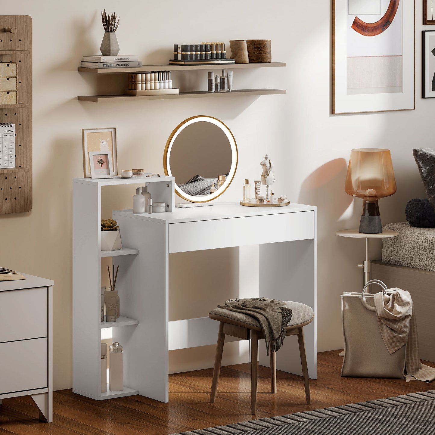 Computer Desk with 3 Open Shelves and Drawer, White