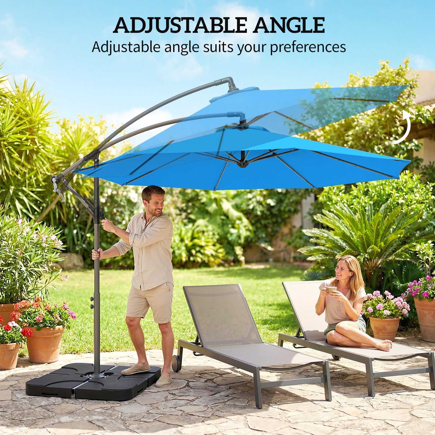 3(m) Banana Parasol Cantilever Umbrella Garden w/ Base Weights - Blue