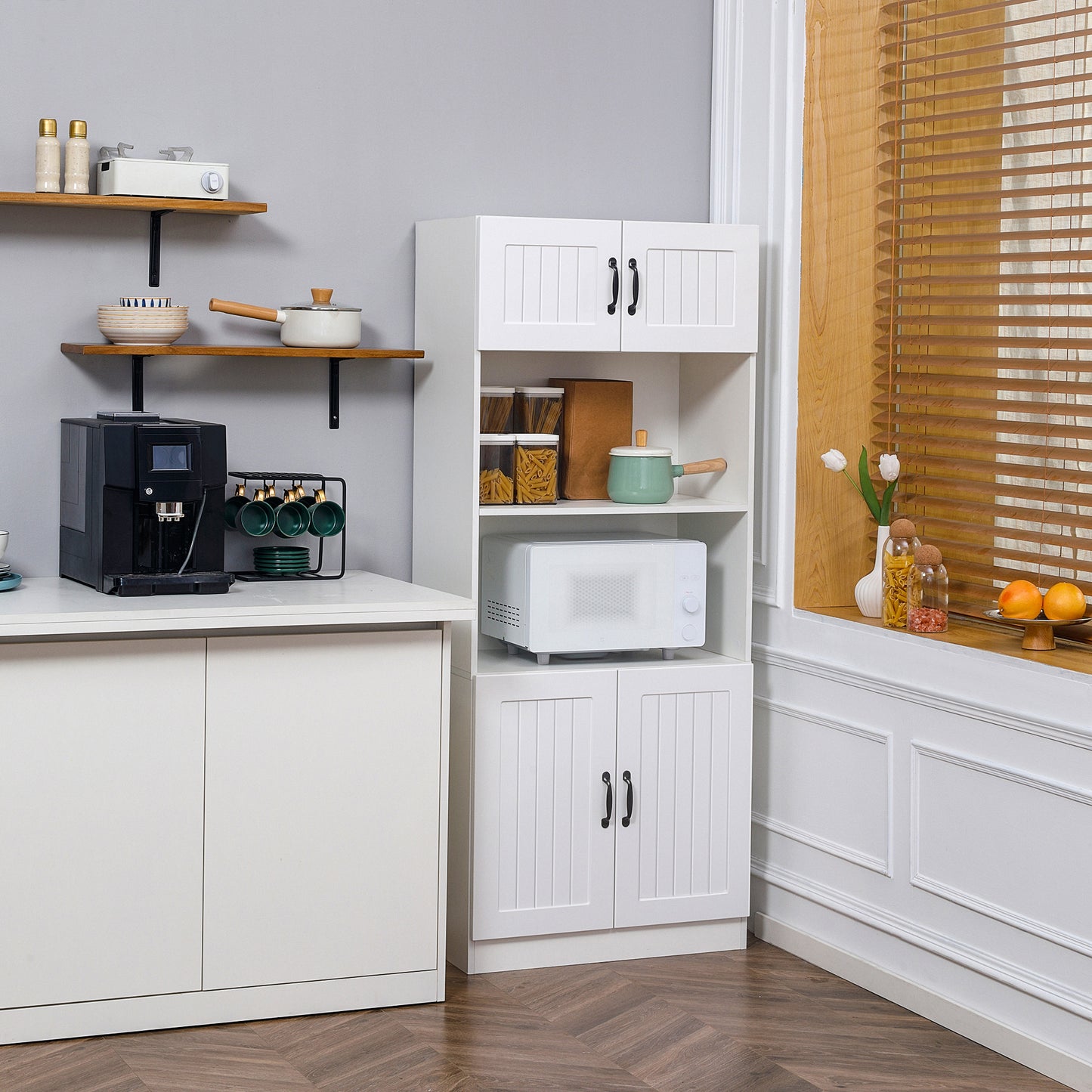 Kitchen Cupboard, 5-Tier Storage Cabinet with Adjustable Bottom Shelf, Open Microwave Countertop, White