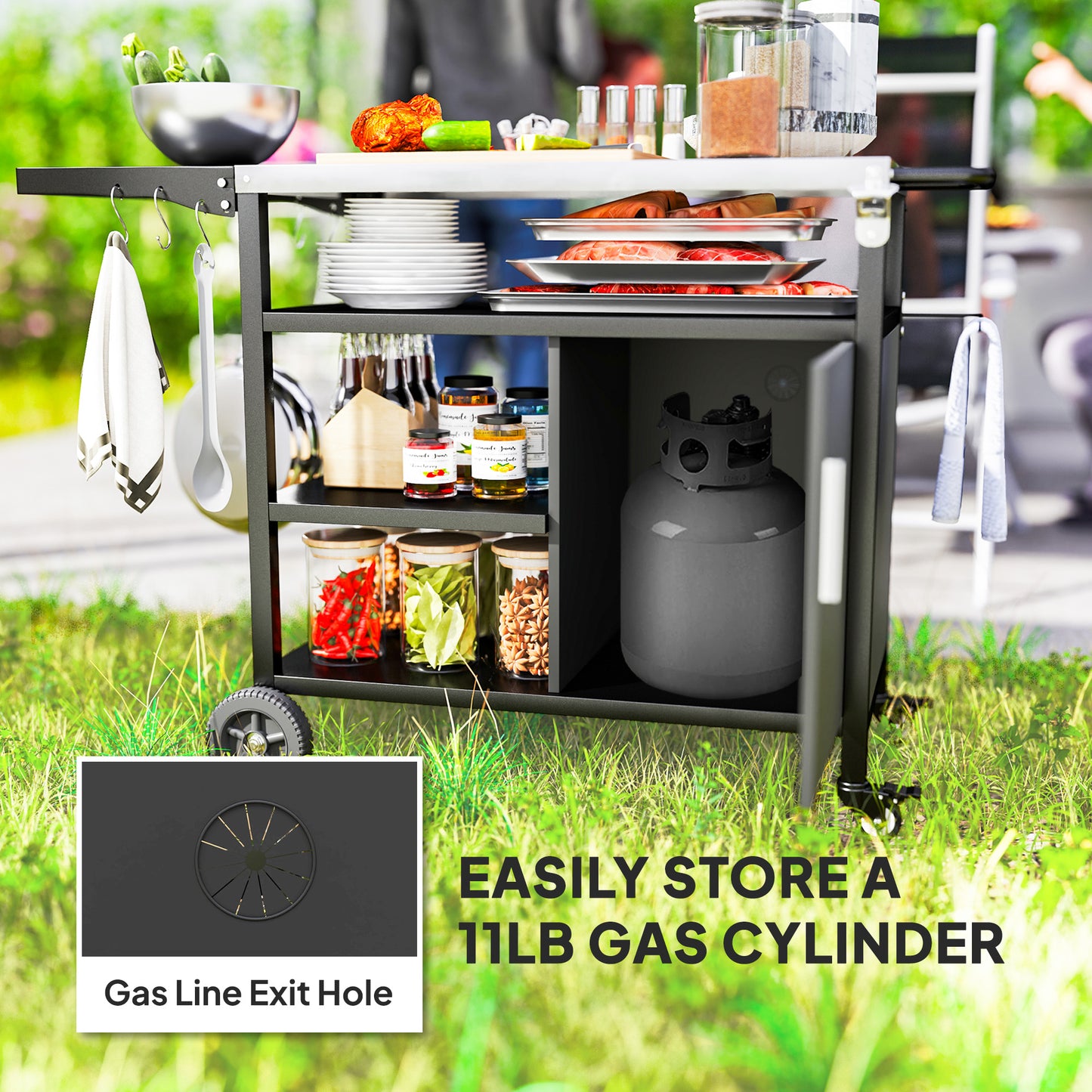 Stainless Steel Outdoor BBQ Trolley with Folding Side table, Black