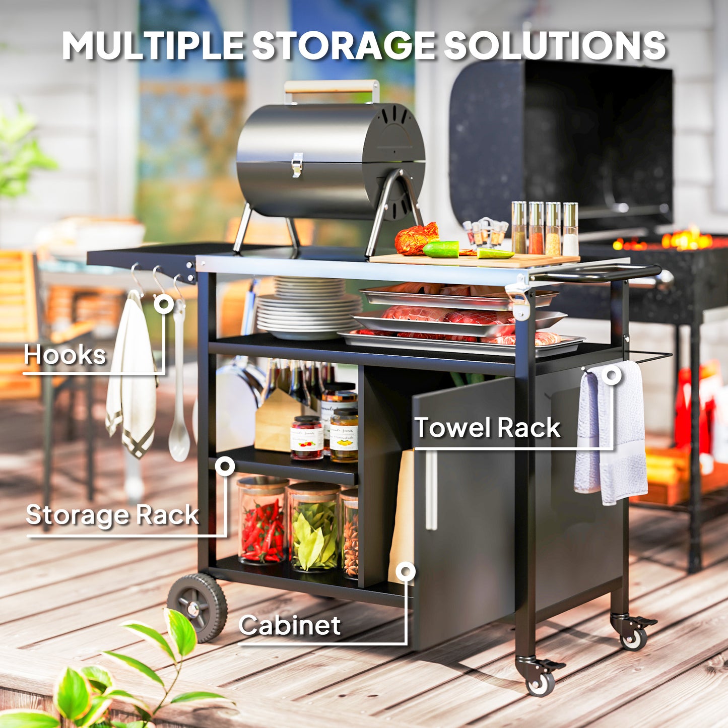 Stainless Steel Outdoor BBQ Trolley with Folding Side table, Black