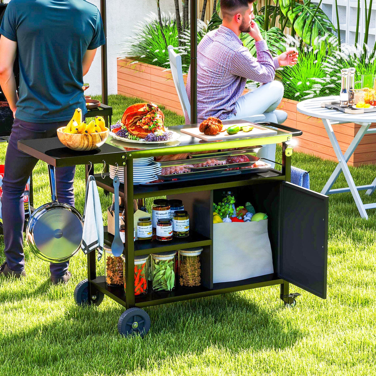 Stainless Steel Outdoor BBQ Trolley with Folding Side table, Black