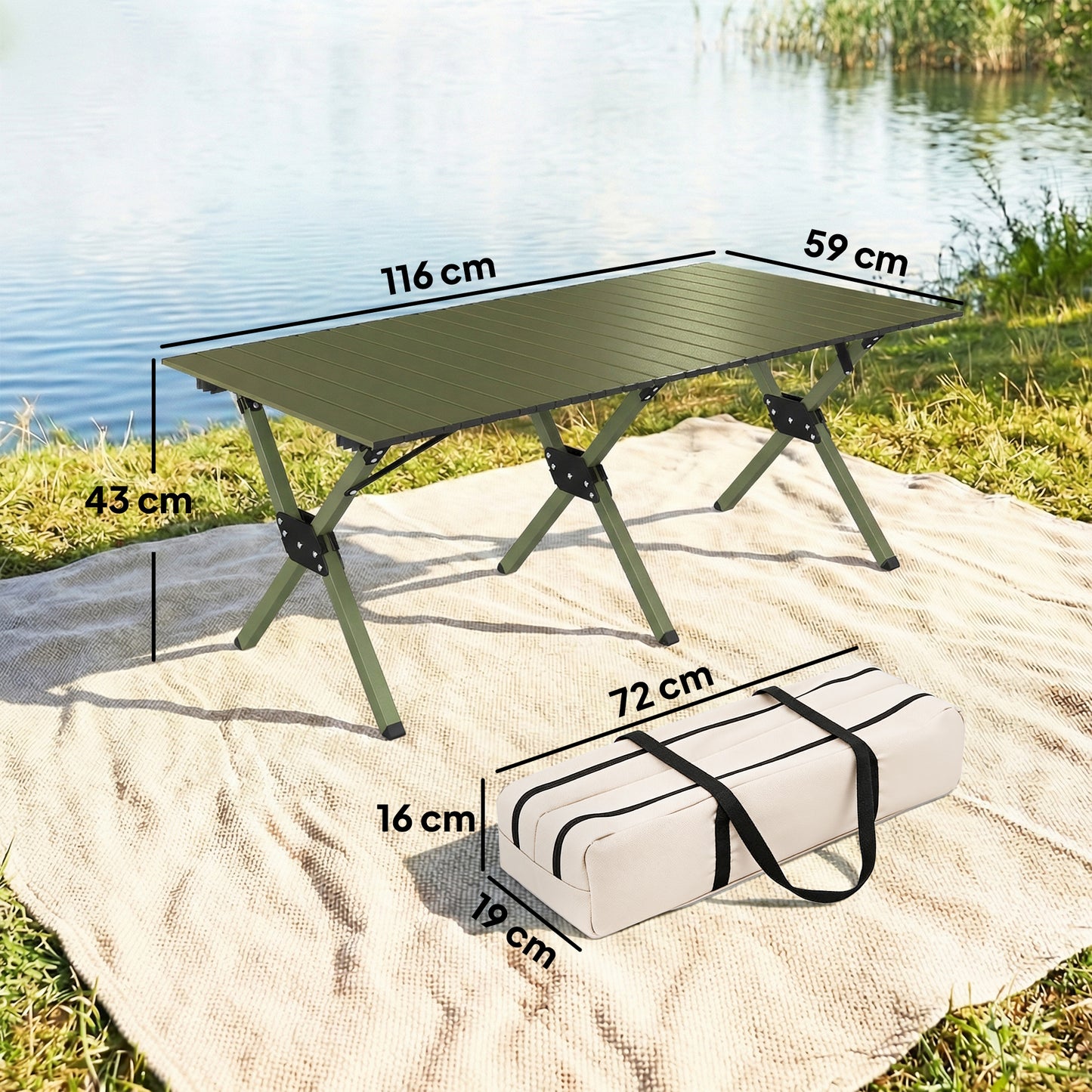 4ft Folding Camping Table, Picnic Table with Roll Up Top, Green
