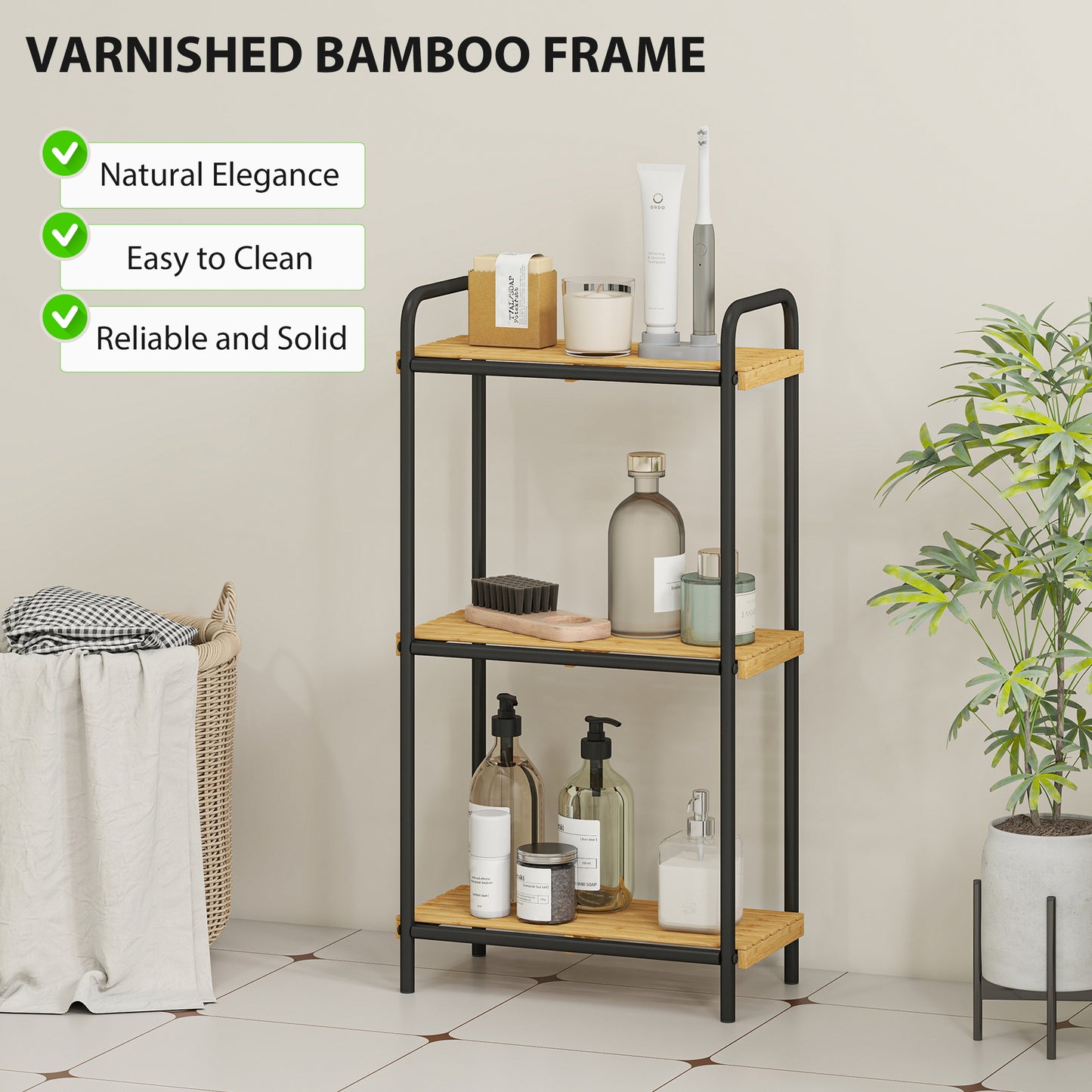 3-Tier Bamboo Bathroom Shelf, Freestanding Shelving Unit, Natural