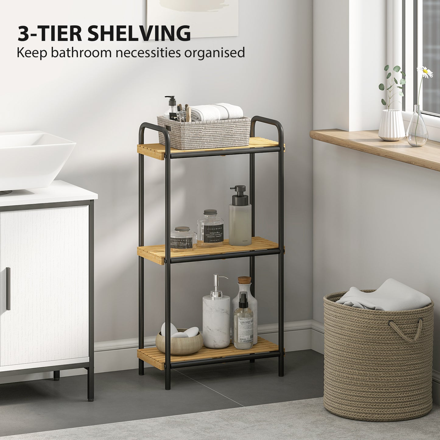 3-Tier Bamboo Bathroom Shelf, Freestanding Shelving Unit, Natural