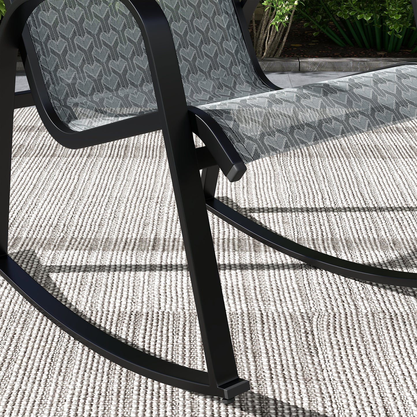3 Pcs Garden Rocking Set w/ 2 Armchairs, Metal Top Coffee Table, Patio Bistro Set w/ Curved Armrests, Breathable Mesh Fabric Seat, Mixed Grey