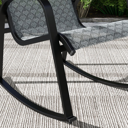 3 Pcs Garden Rocking Set w/ 2 Armchairs, Metal Top Coffee Table, Patio Bistro Set w/ Curved Armrests, Breathable Mesh Fabric Seat, Mixed Grey