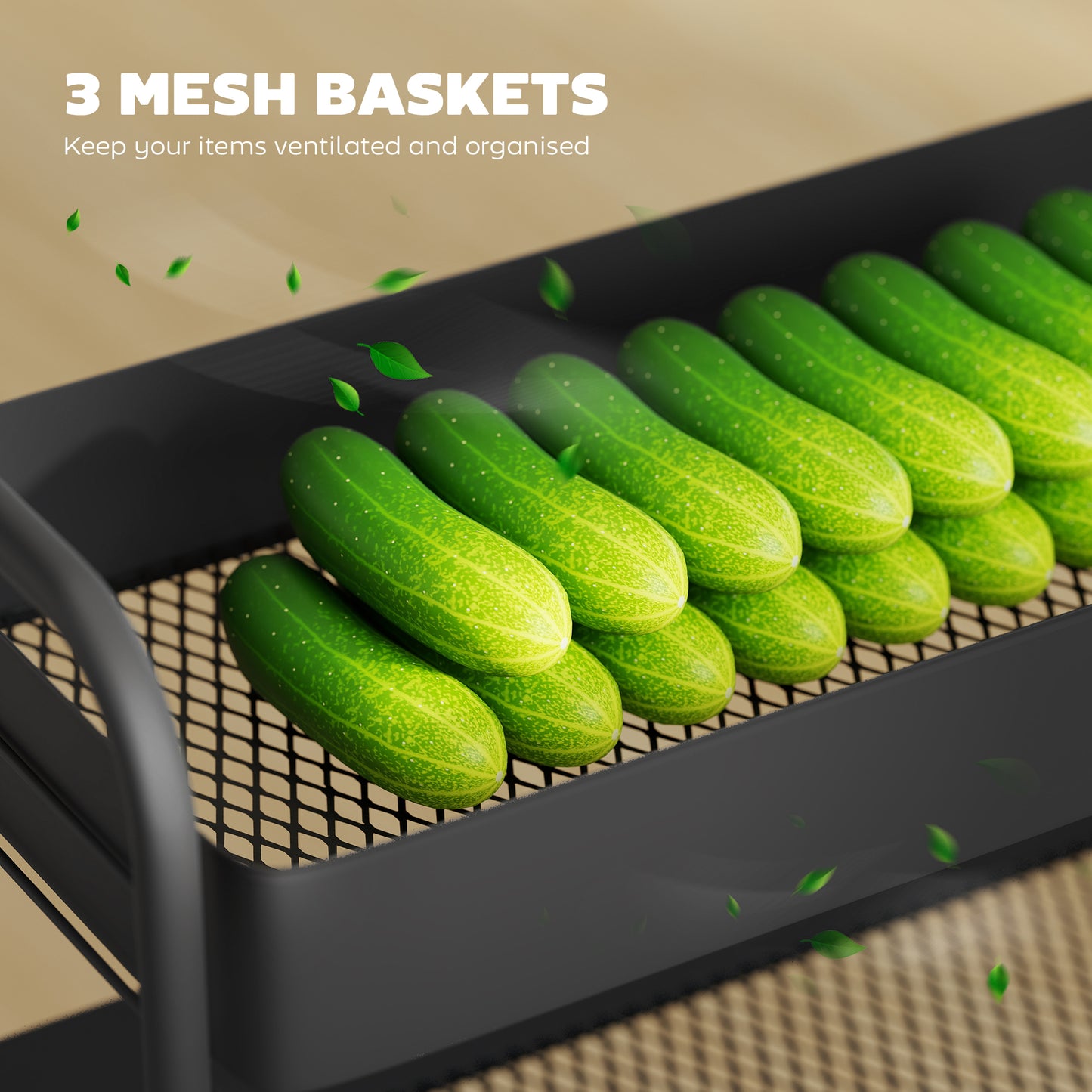 3-Tier Storage Trolley, Storage Cart with Mesh Backets, Wheels