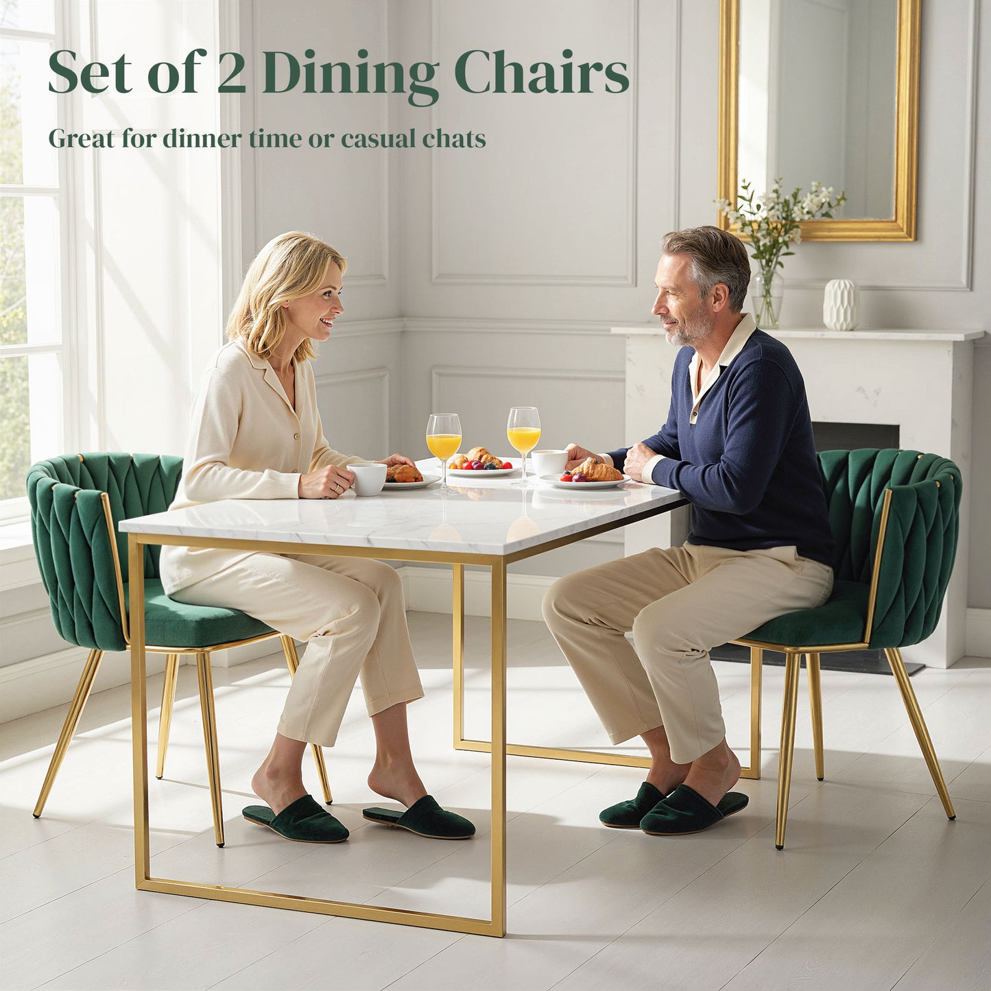 Upholstered Kitchen Chairs Set of 2 with Woven Backrest, Dark Green