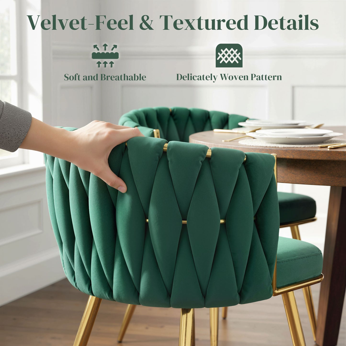 Upholstered Kitchen Chairs Set of 2 with Woven Backrest, Dark Green