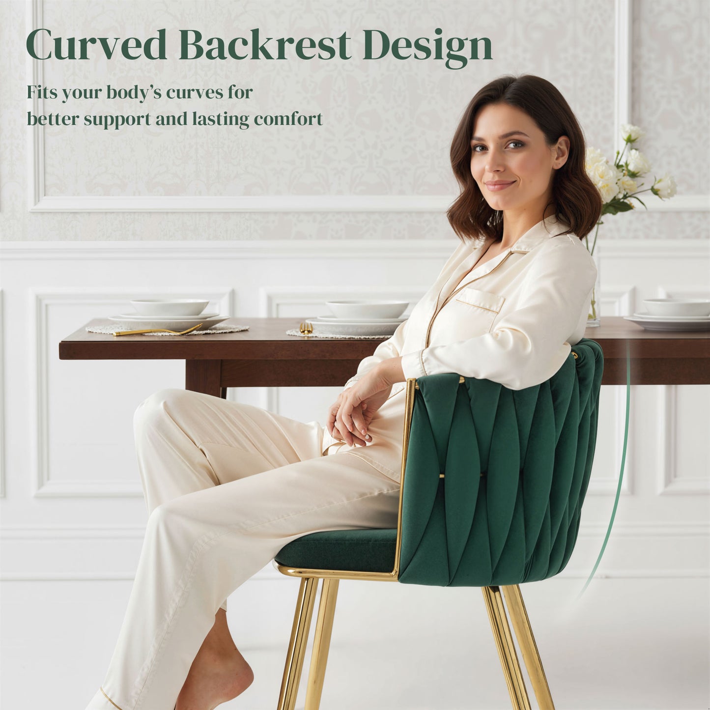 Upholstered Kitchen Chairs Set of 2 with Woven Backrest, Dark Green