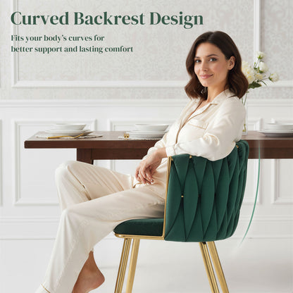 Upholstered Kitchen Chairs Set of 2 with Woven Backrest, Dark Green