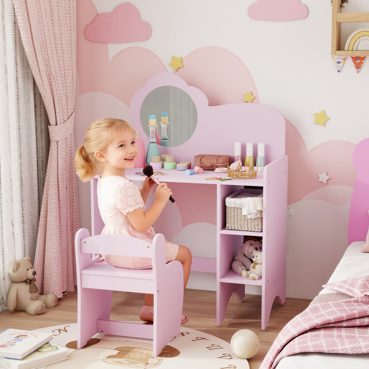 Kids Dressing Table with Mirror, Stool, Vanity Table, Purple