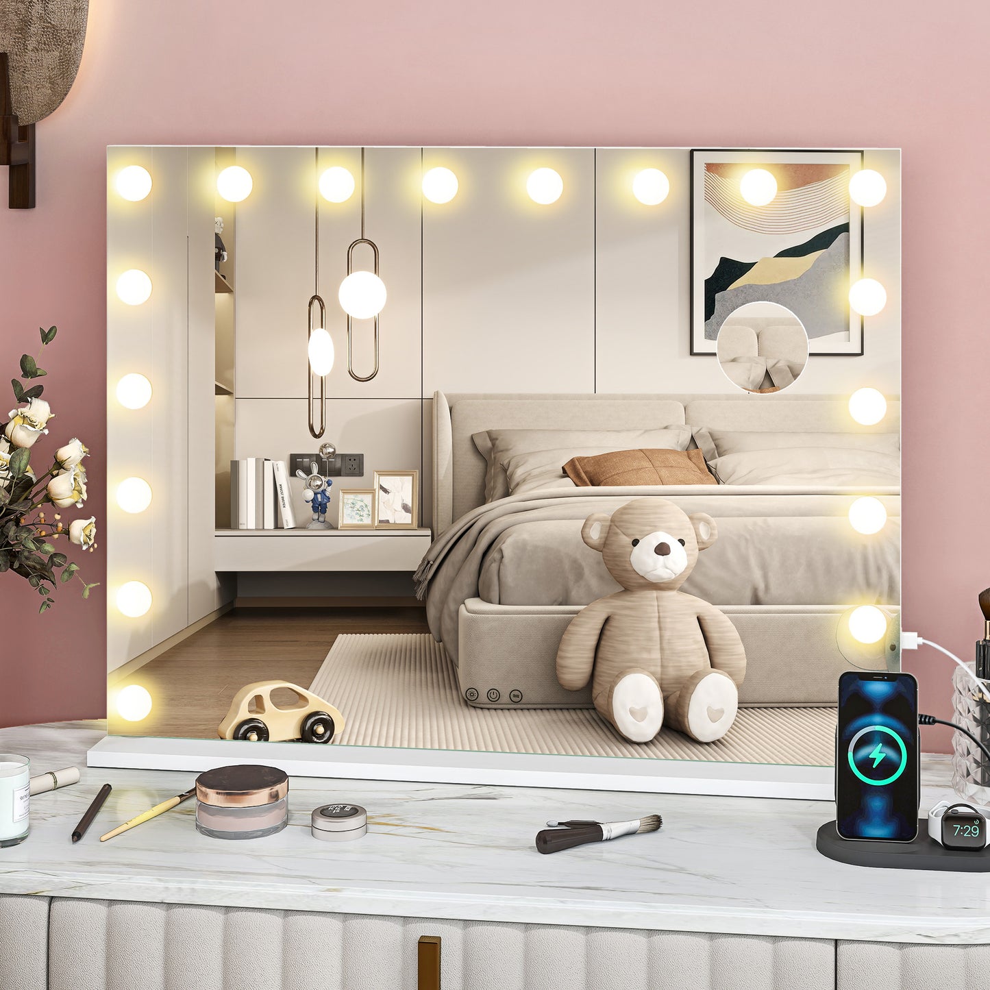 Hollywood Vanity Mirror with Lights, 10X Magnifying, USB Port, White