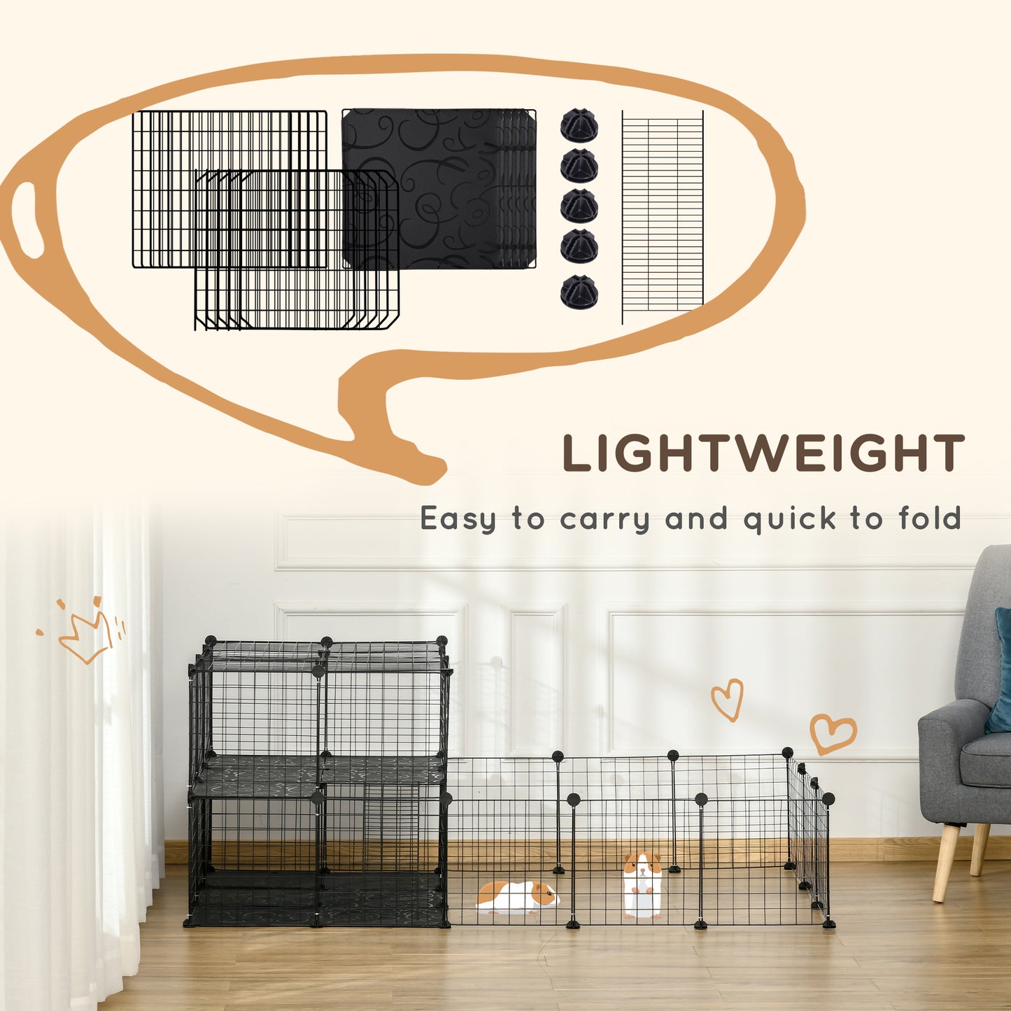 Pet Playpen with Door, Guinea Pigs Mesh Cage for Small Animal, Black