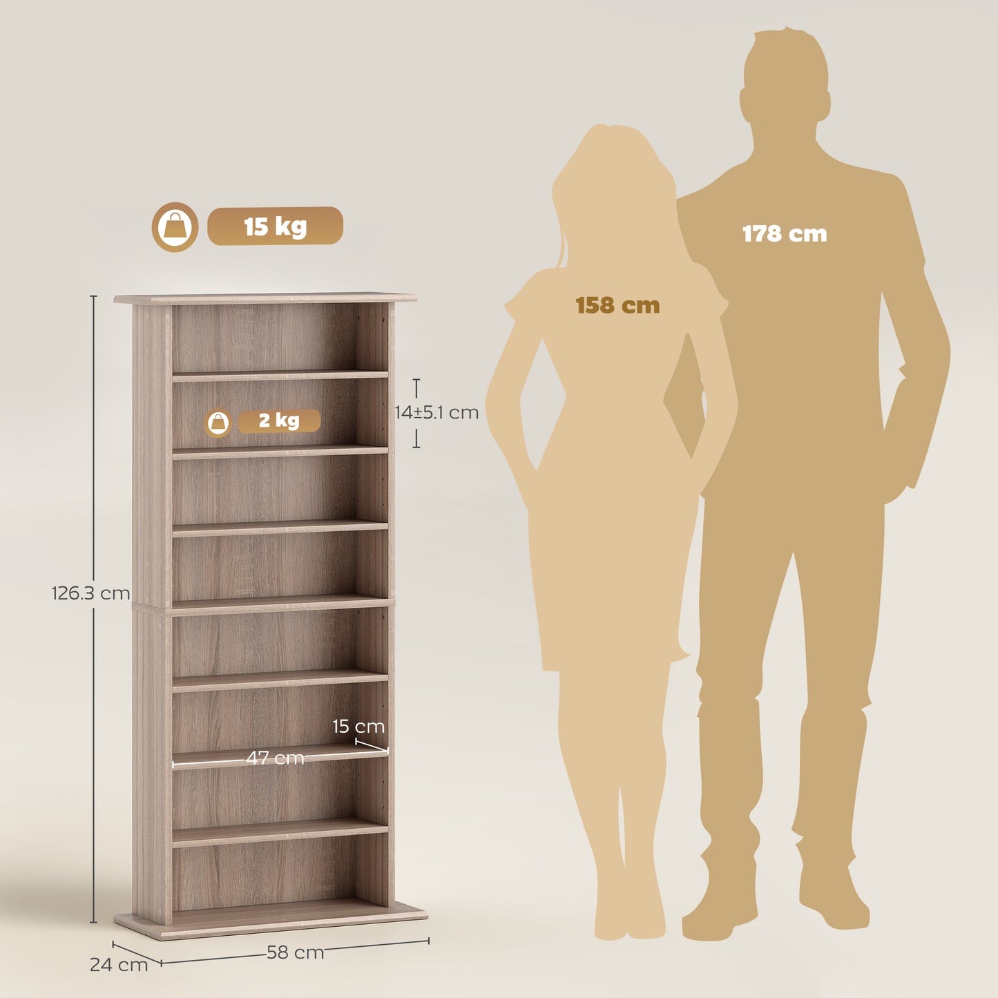 360 CD/185 DVD Storage Unit, 185 Blu-ray Media Storage Shelf with 8 Compartments and 6 Adjustable Shelves, CD Tower for Living Room, Bedroom, Office, Natural Wood Finish