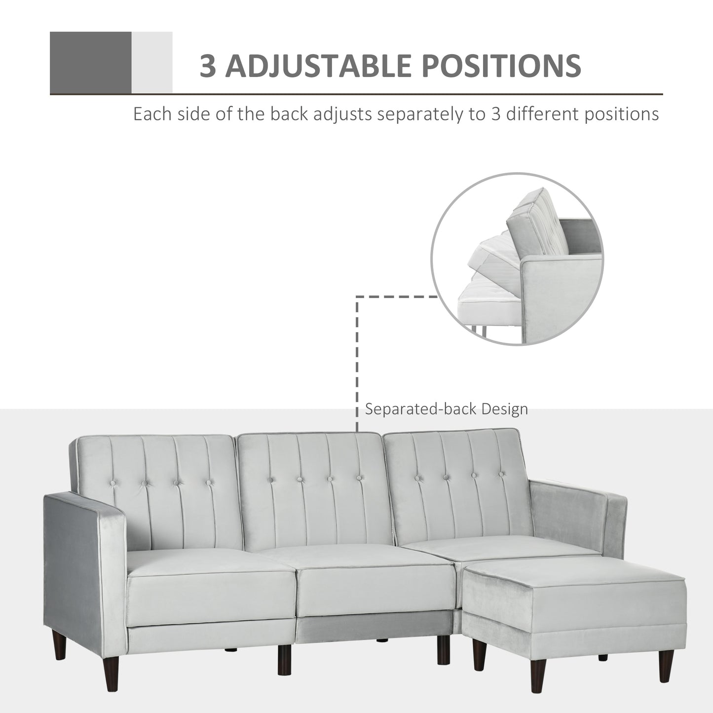 L Shape Sofa Bed Set with 3-Seater Sofa and Footstool, Corner Sofa Bed with Ottoman, Grey
