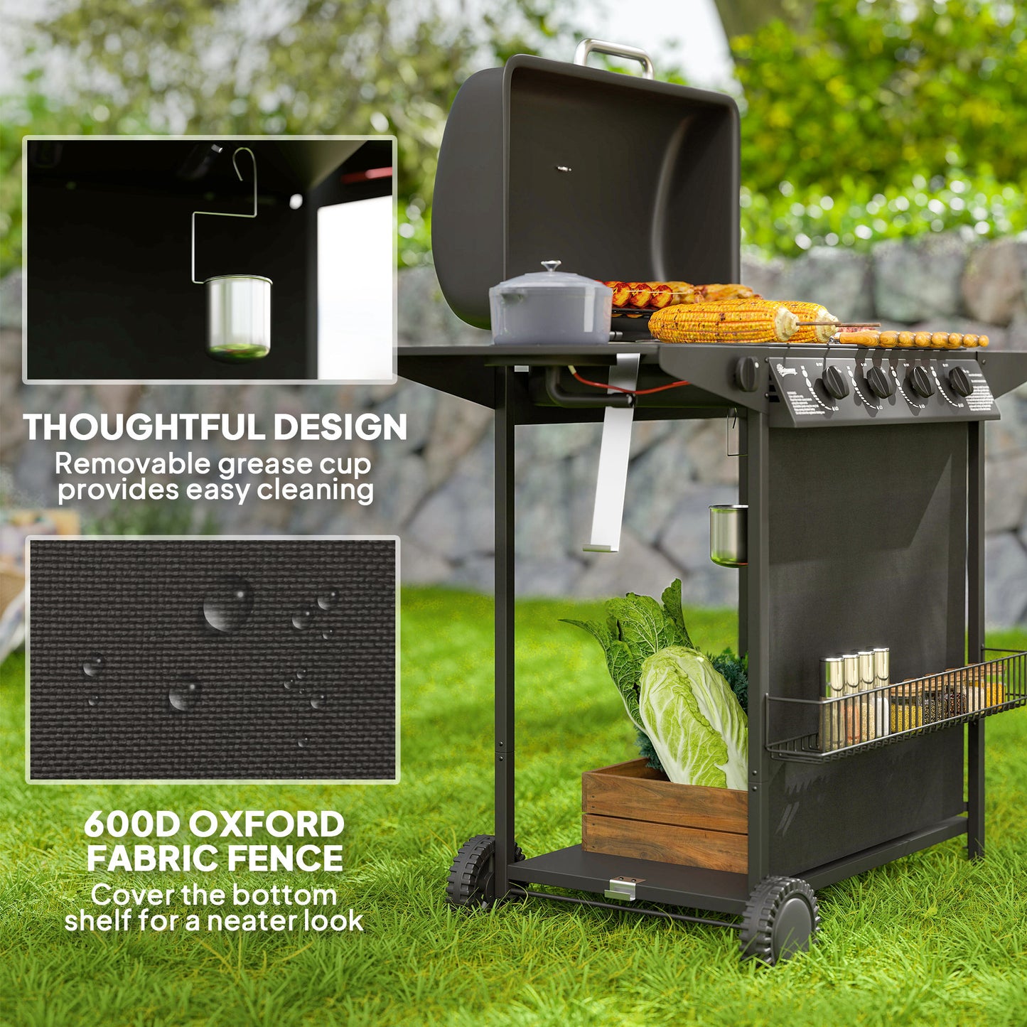 5 Burner Gas Barbecue Grill Portable Gas BBQ Grill with Lid, Black