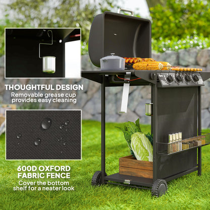 5 Burner Gas Barbecue Grill Portable Gas BBQ Grill with Lid, Black