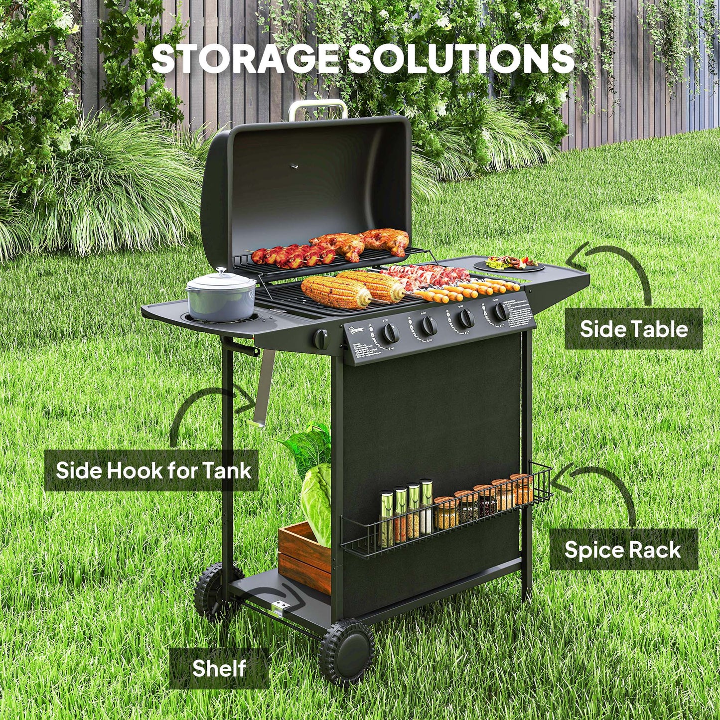 5 Burner Gas Barbecue Grill Portable Gas BBQ Grill with Lid, Black