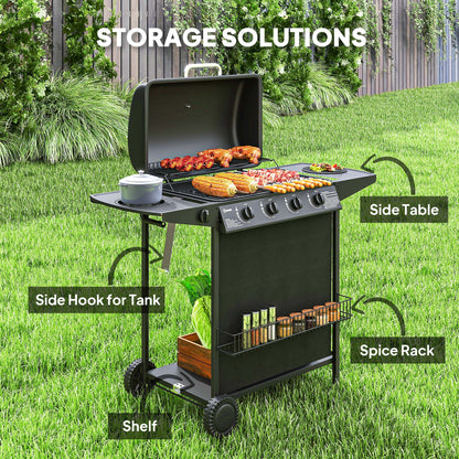 5 Burner Gas Barbecue Grill Portable Gas BBQ Grill with Lid, Black