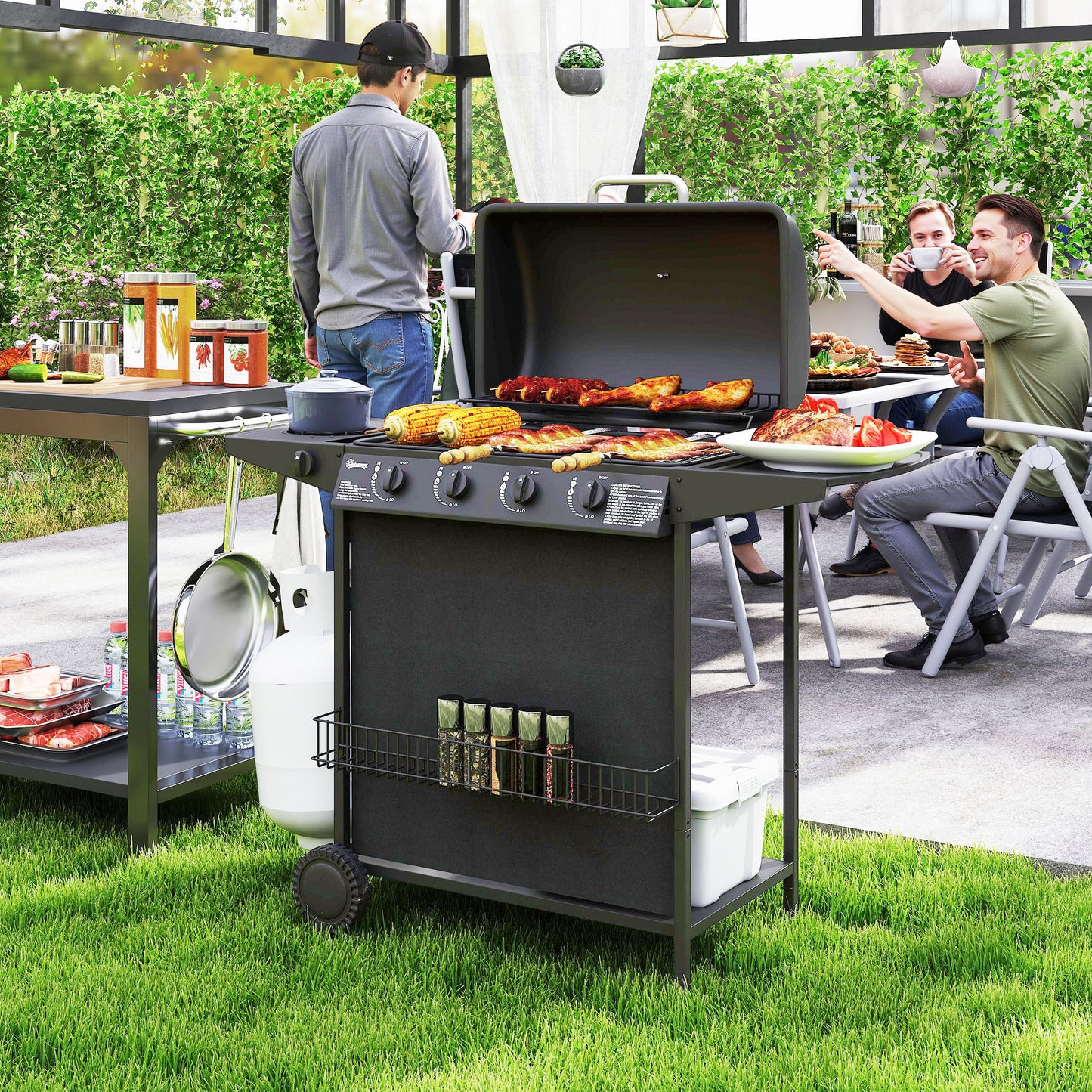 5 Burner Gas Barbecue Grill Portable Gas BBQ Grill with Lid, Black