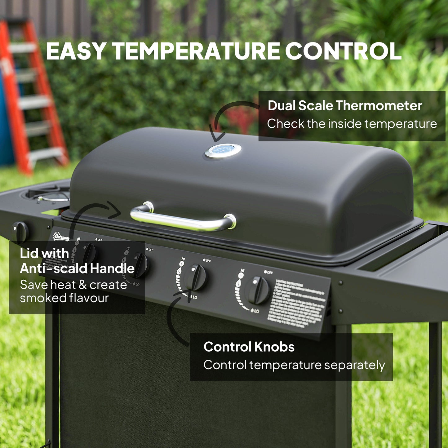 5 Burner Gas Barbecue Grill Portable Gas BBQ Grill with Lid, Black