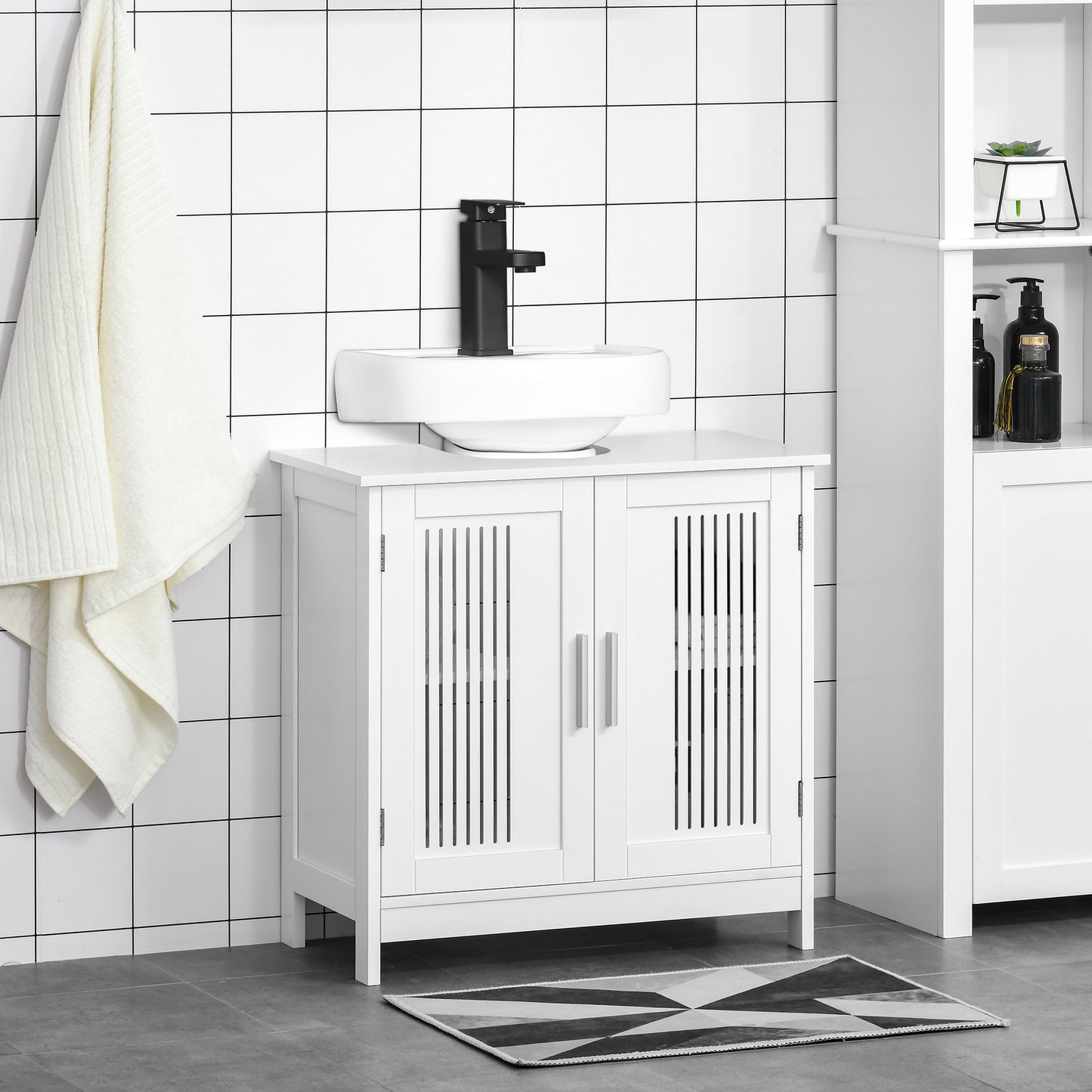 Bathroom Pedestal Under Sink Cabinet with Storage Shelf, 2 Doors, White