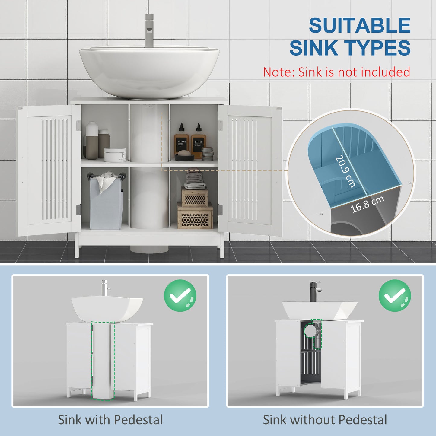 Bathroom Pedestal Under Sink Cabinet with Storage Shelf, 2 Doors, White
