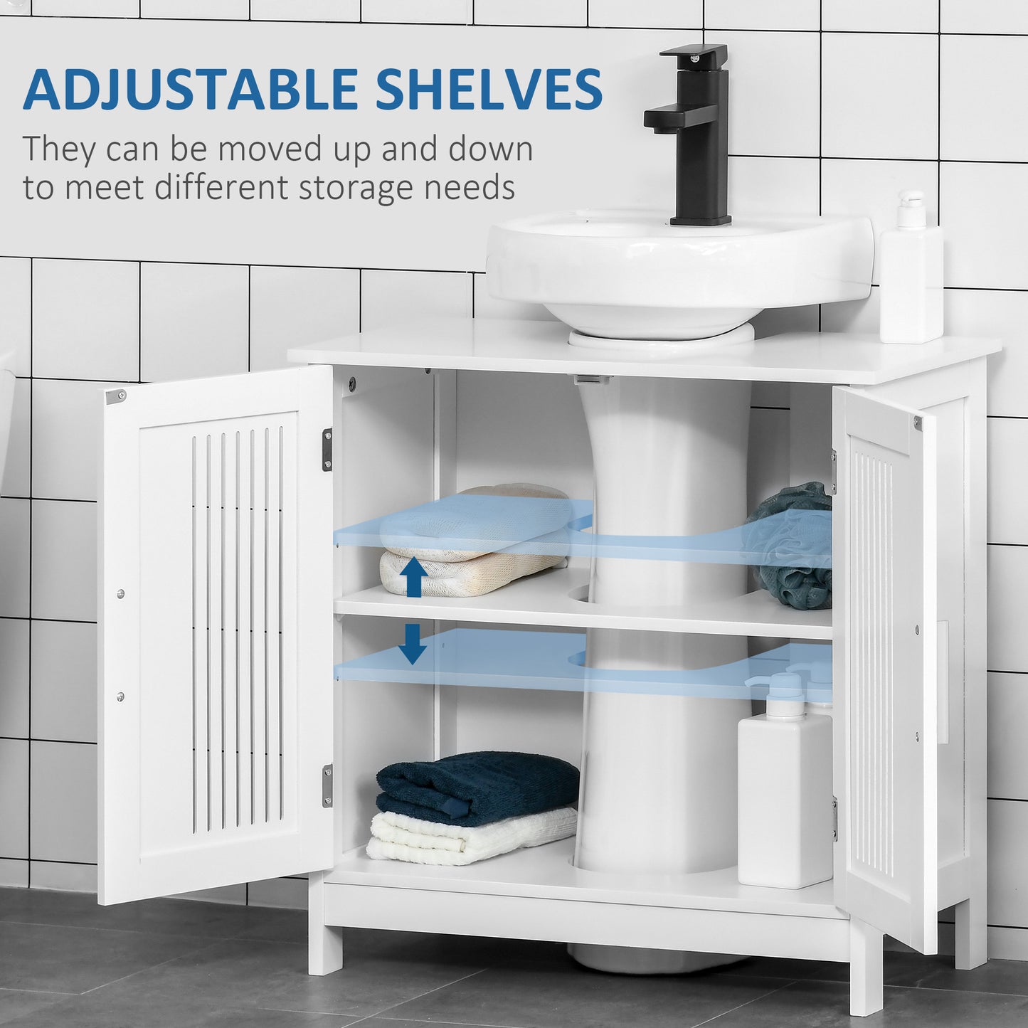 Bathroom Pedestal Under Sink Cabinet with Storage Shelf, 2 Doors, White