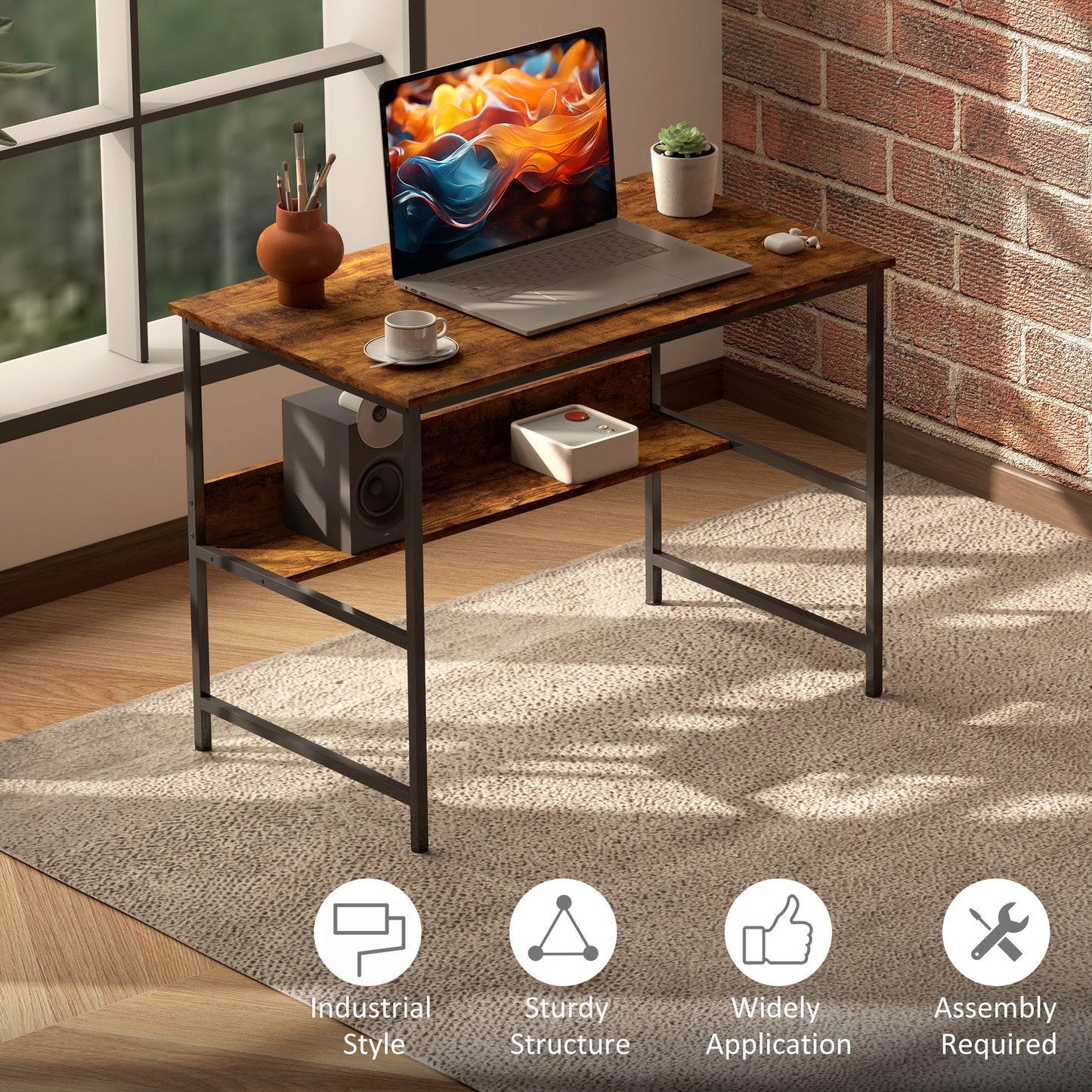 2-Tier Writing Desk Metal Frame with Storage Shelf Rustic Brown