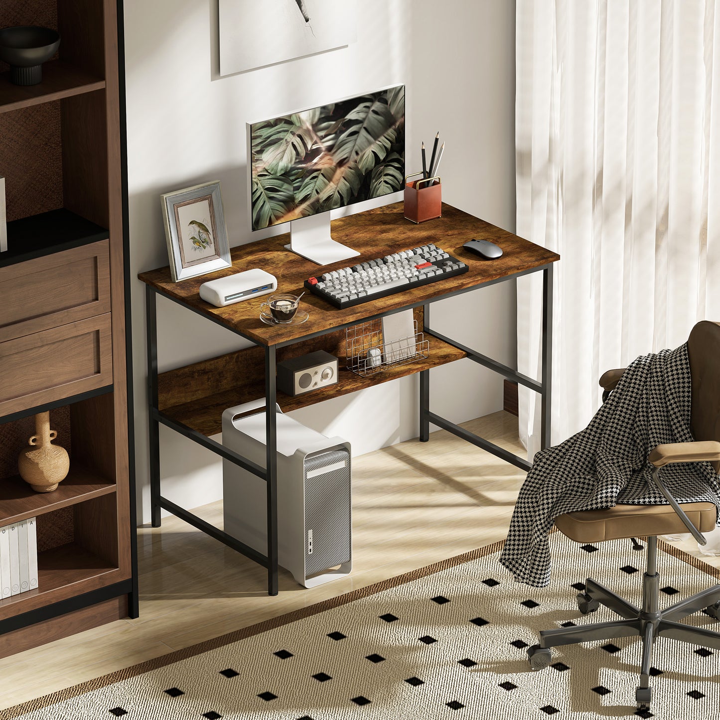 2-Tier Writing Desk Metal Frame with Storage Shelf Rustic Brown
