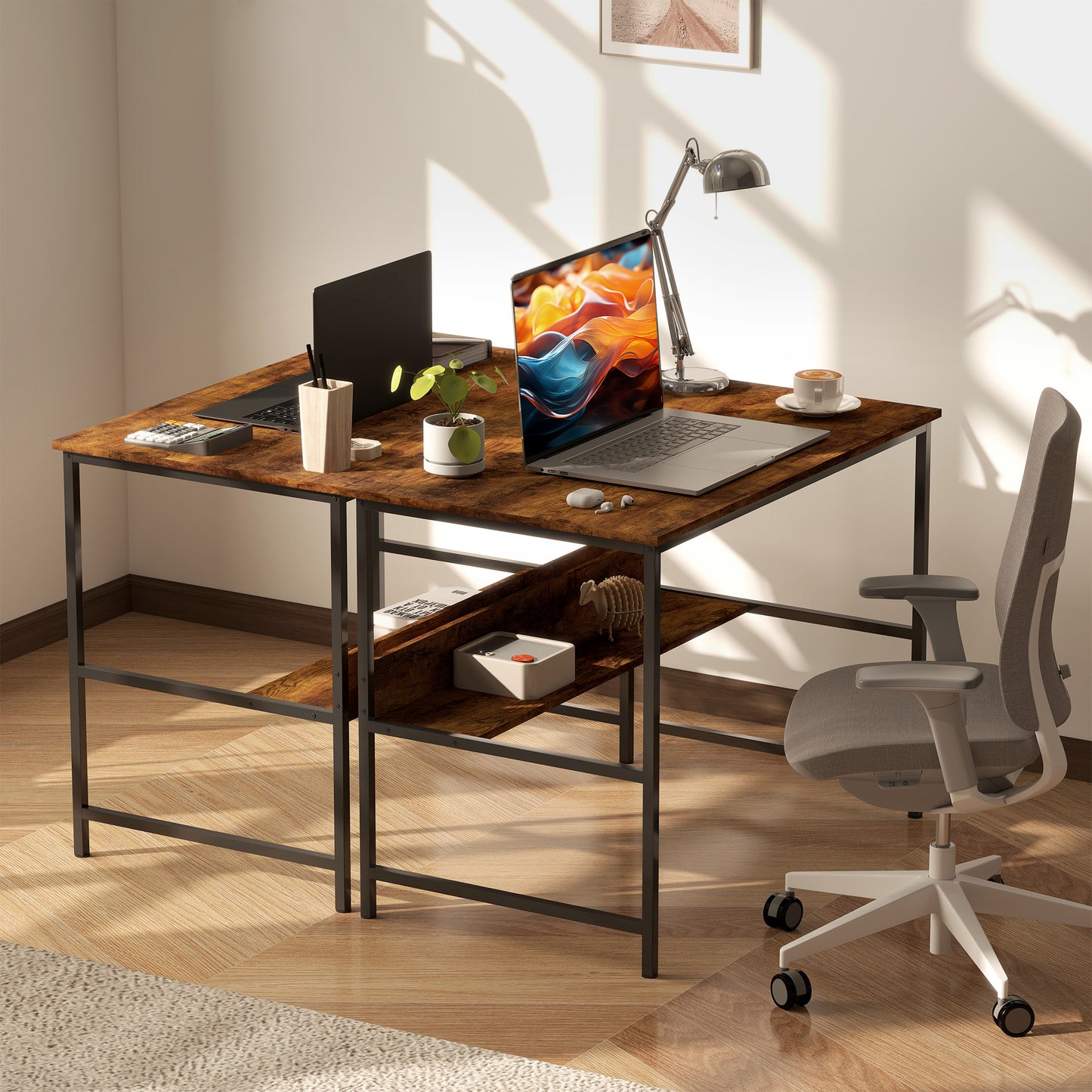 2-Tier Writing Desk Metal Frame with Storage Shelf Rustic Brown