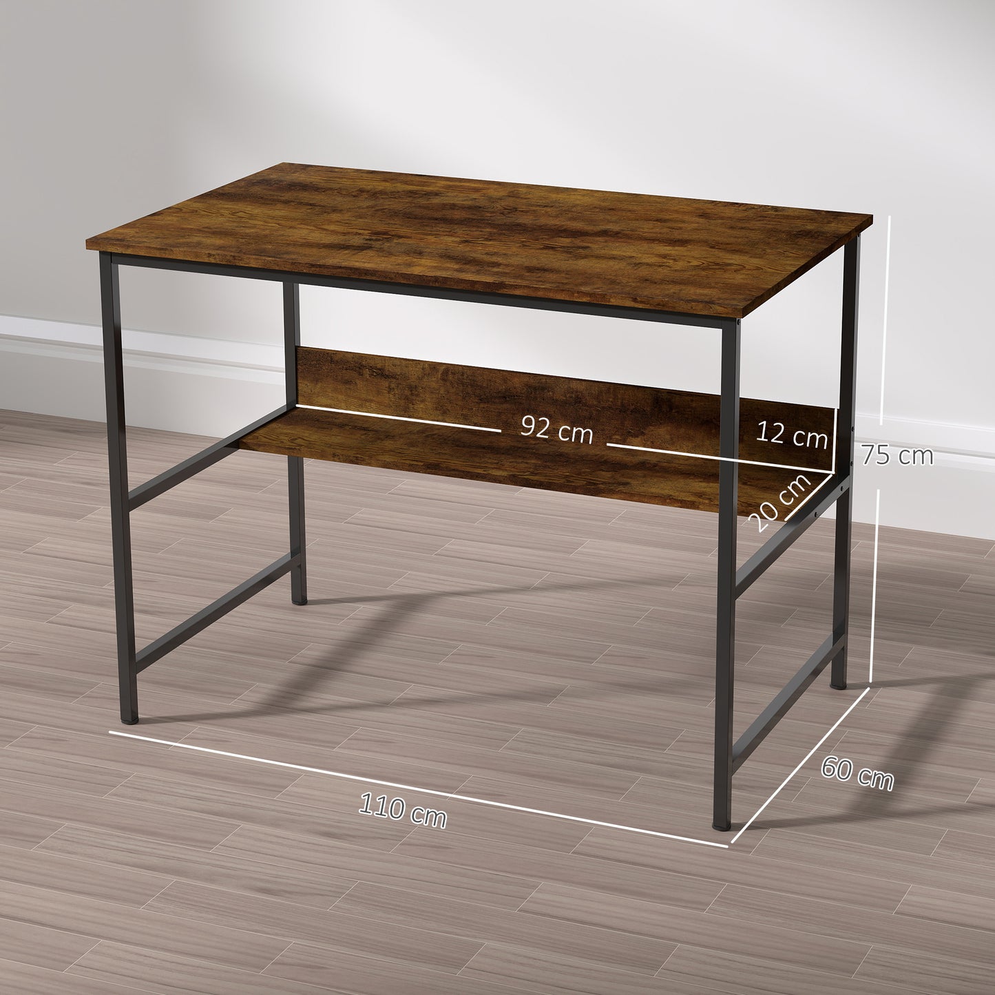 2-Tier Writing Desk Metal Frame with Storage Shelf Rustic Brown