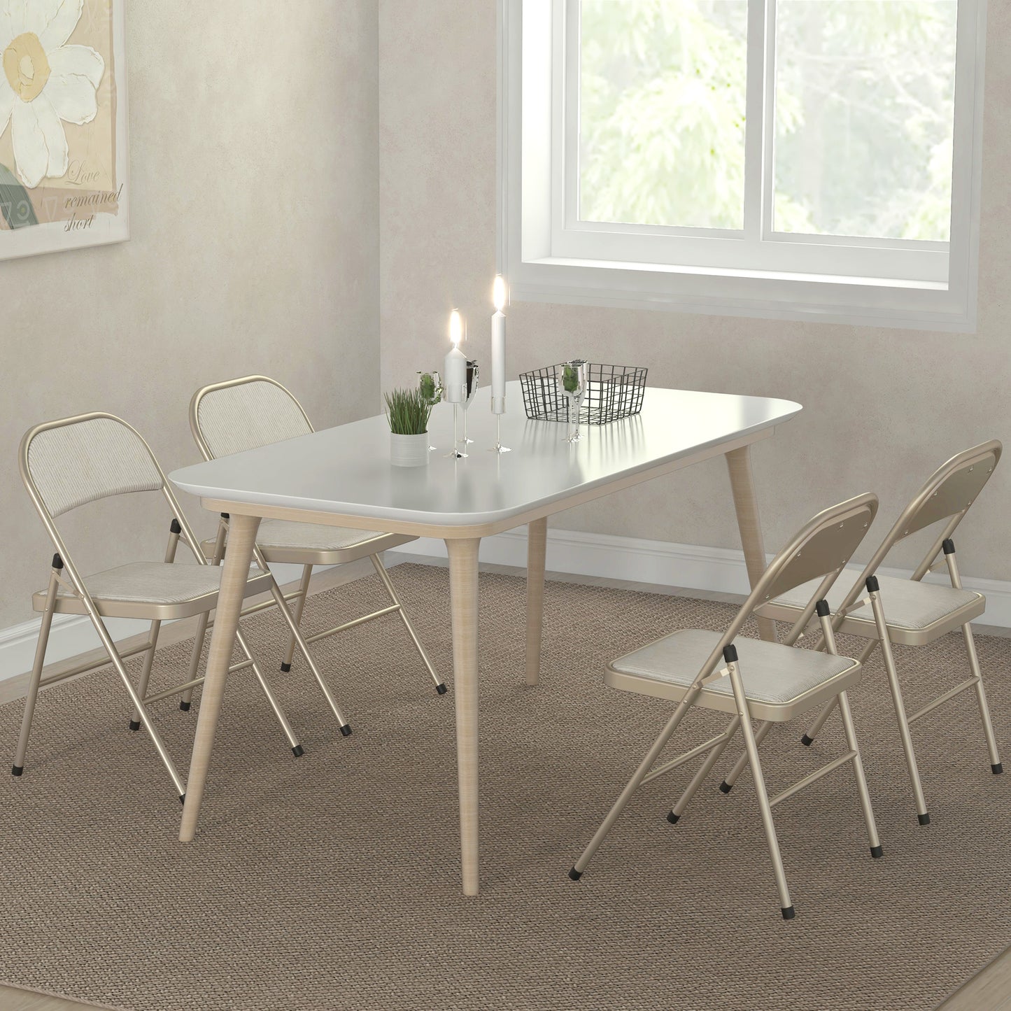 4 Pack Linen-Look Padded Folding Chairs with Cushioned Seat Beige