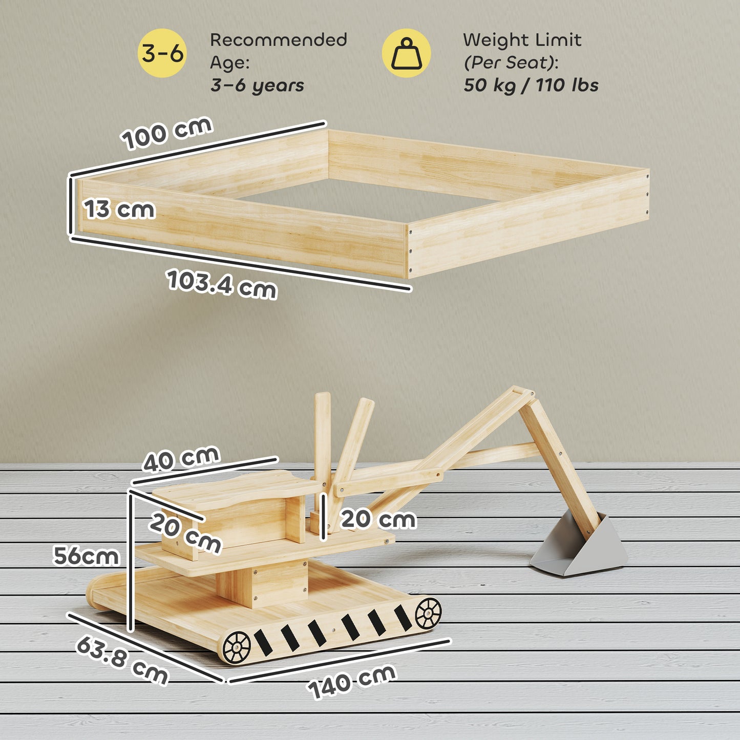 Wooden Sandbox with Digger 360° Swivel Seat