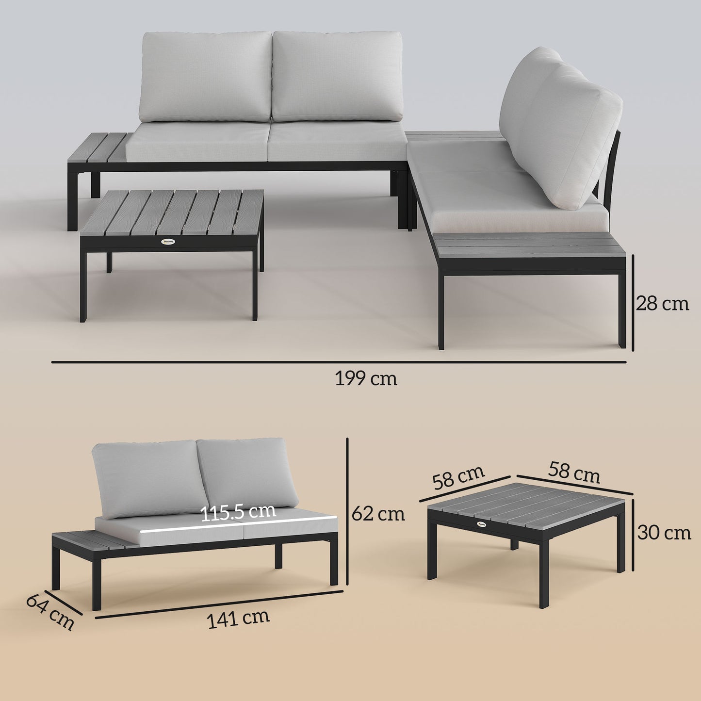 4 Seater Garden L Shaped Corner Sofa Set with Removable Thick Cushions Grey