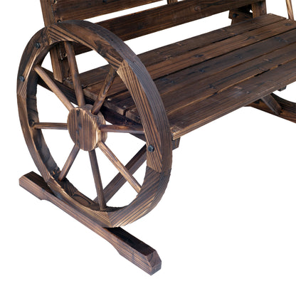 2 Seater Garden Bench with Wooden Cart Wagon Wheel Rustic High Back Brown