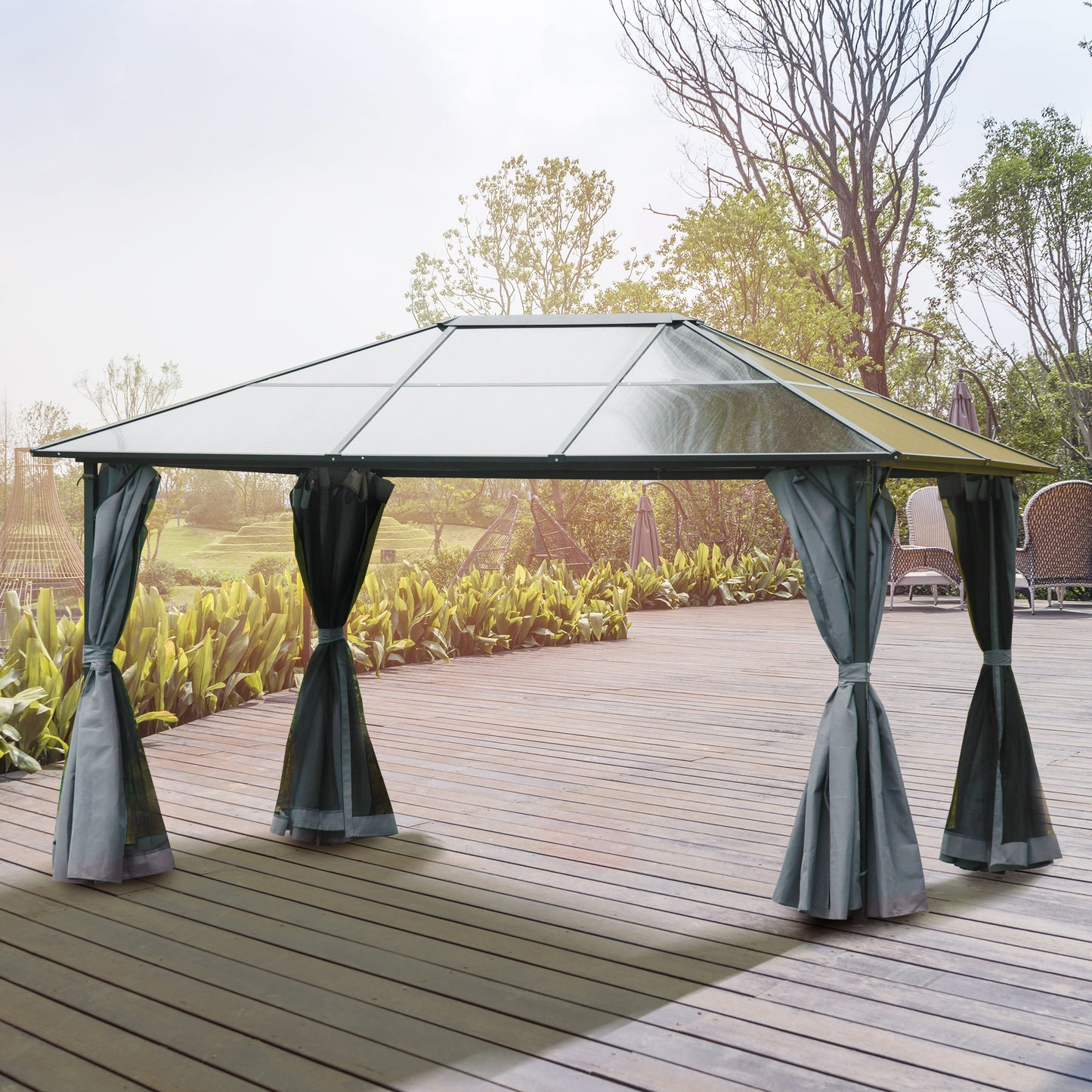 4 x 3(m) Garden Aluminium Gazebo Hardtop Roof Canopy Marquee Party Tent Patio Outdoor Shelter with Mesh Curtains & Side Walls - Grey