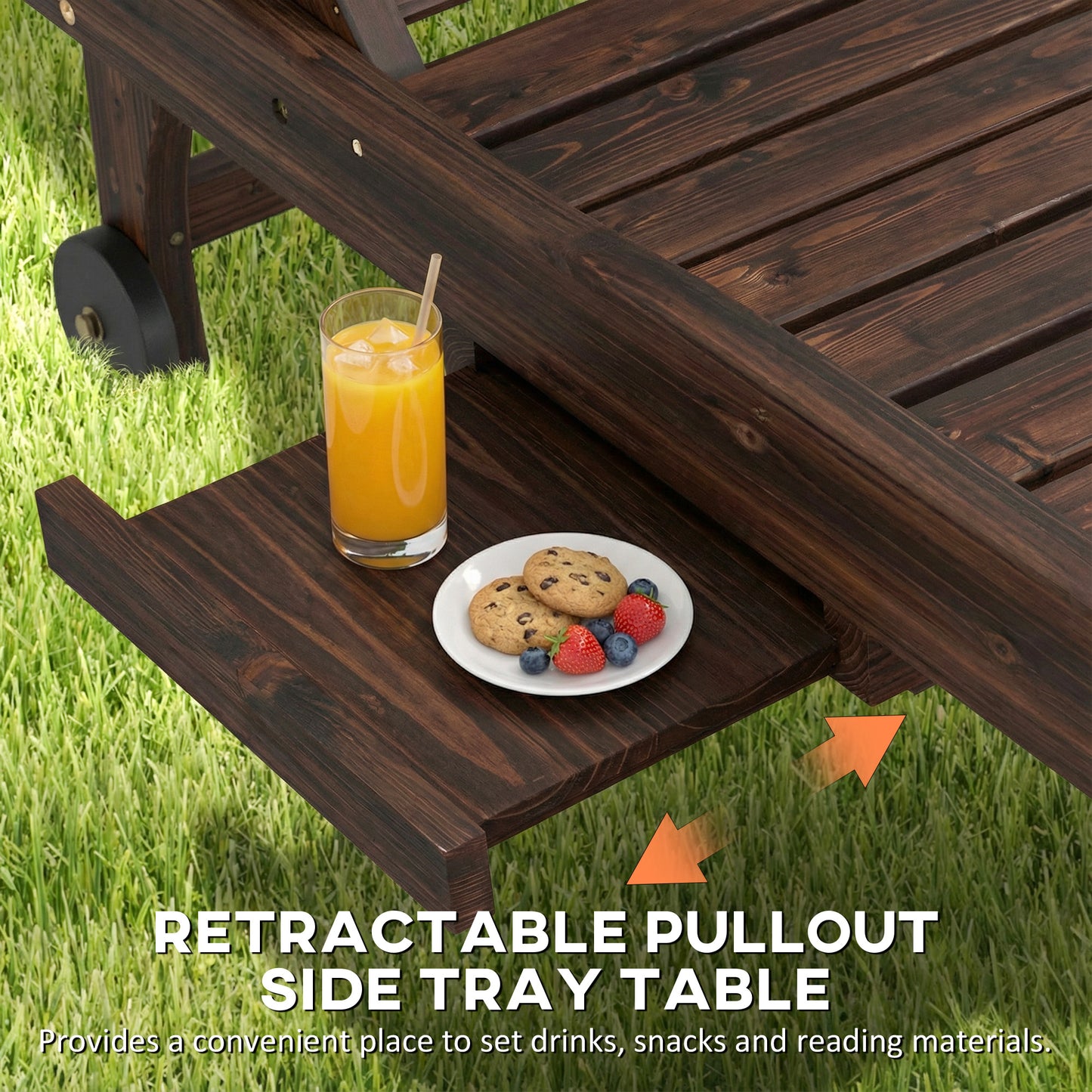 Wooden Sun Lounger Outdoor Patio Sun Bed w/ Pull-out Table